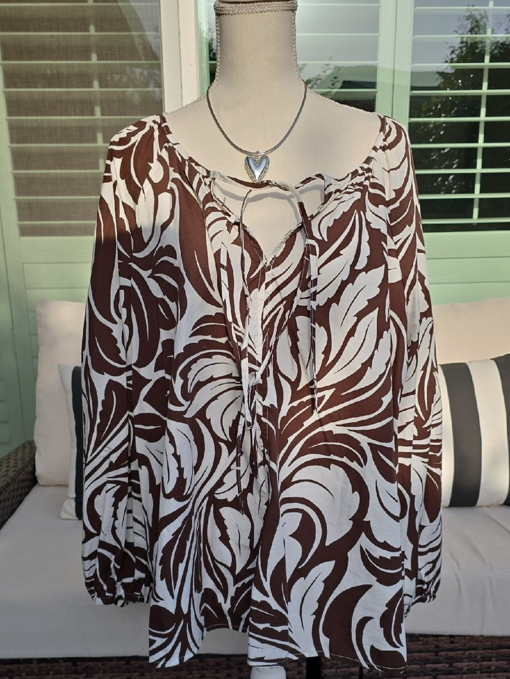 Terra & Sky White and Brown Printed Peasant Tunic